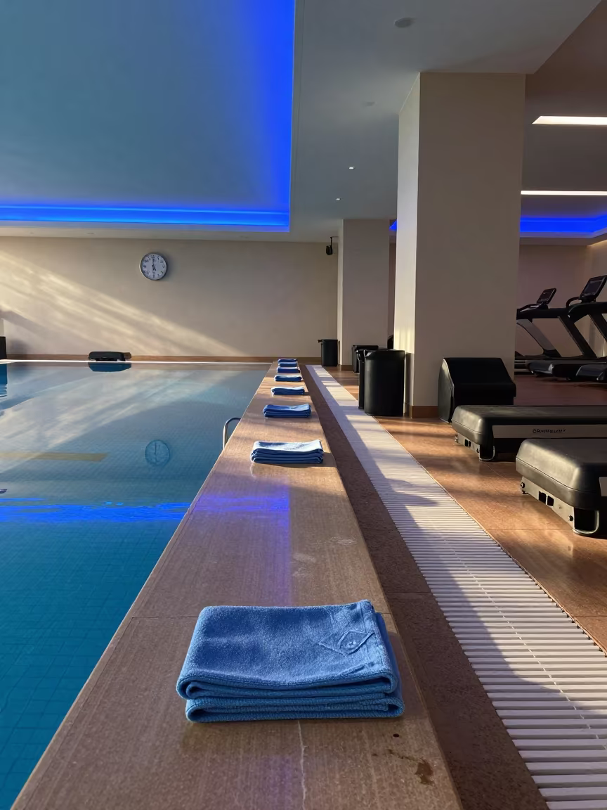 Blue LED Lap Pool Deck With Towels And Pace Clocks in along a row of machines in a bright gym in Taiyuan