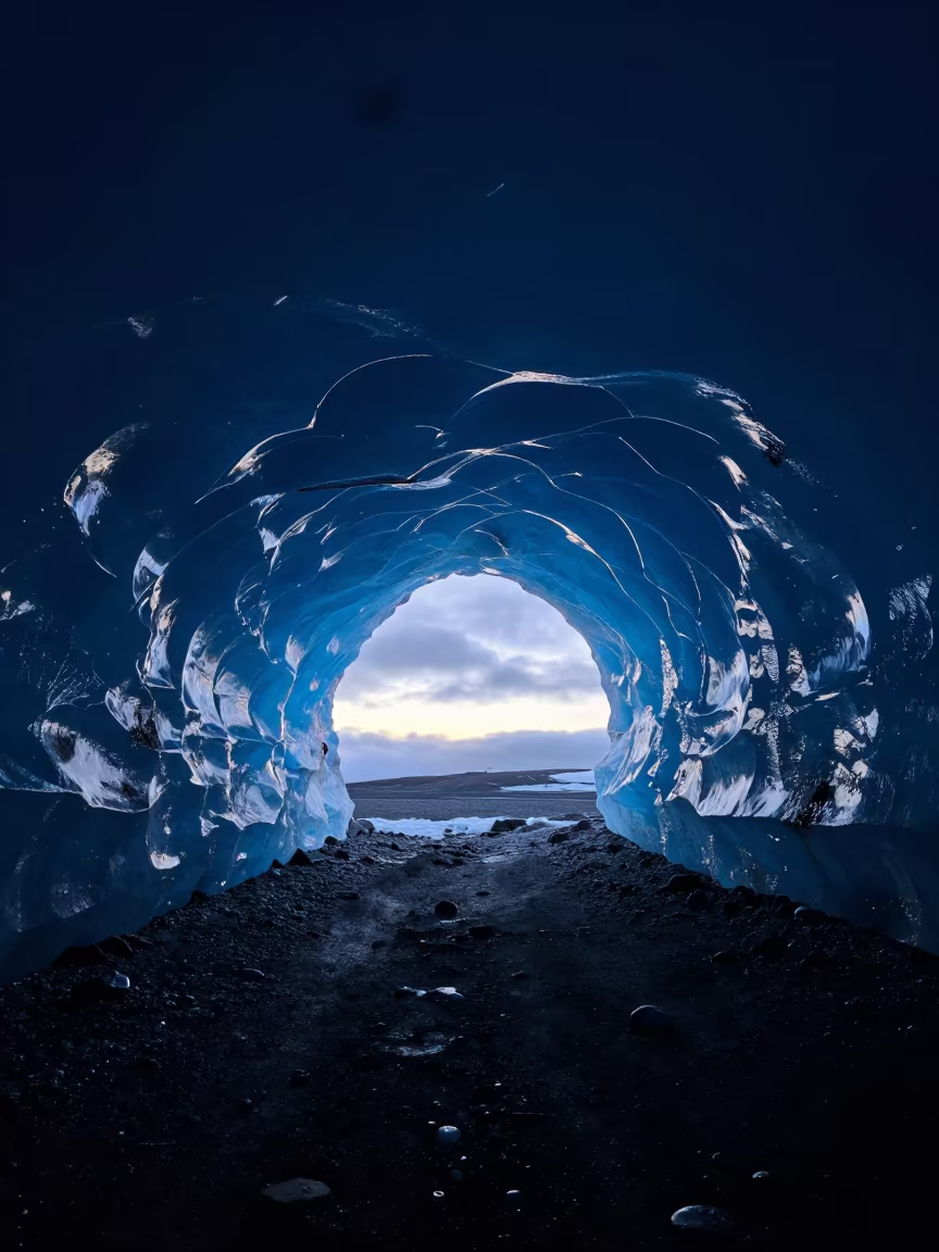 Blue Light in Iceland Glacier Cave Before Sunrise in in Iceland