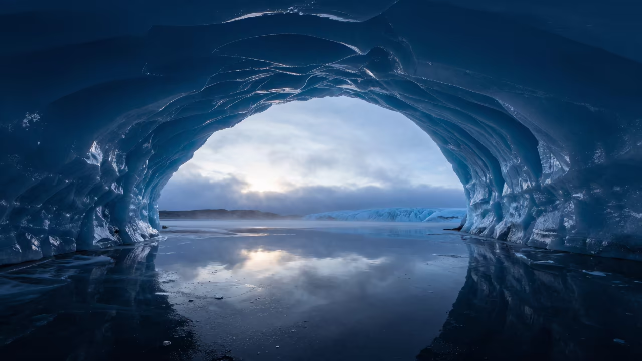 Blue Light in Russian Glacier Cave Shoreline in along a wave-cut shoreline in Russia