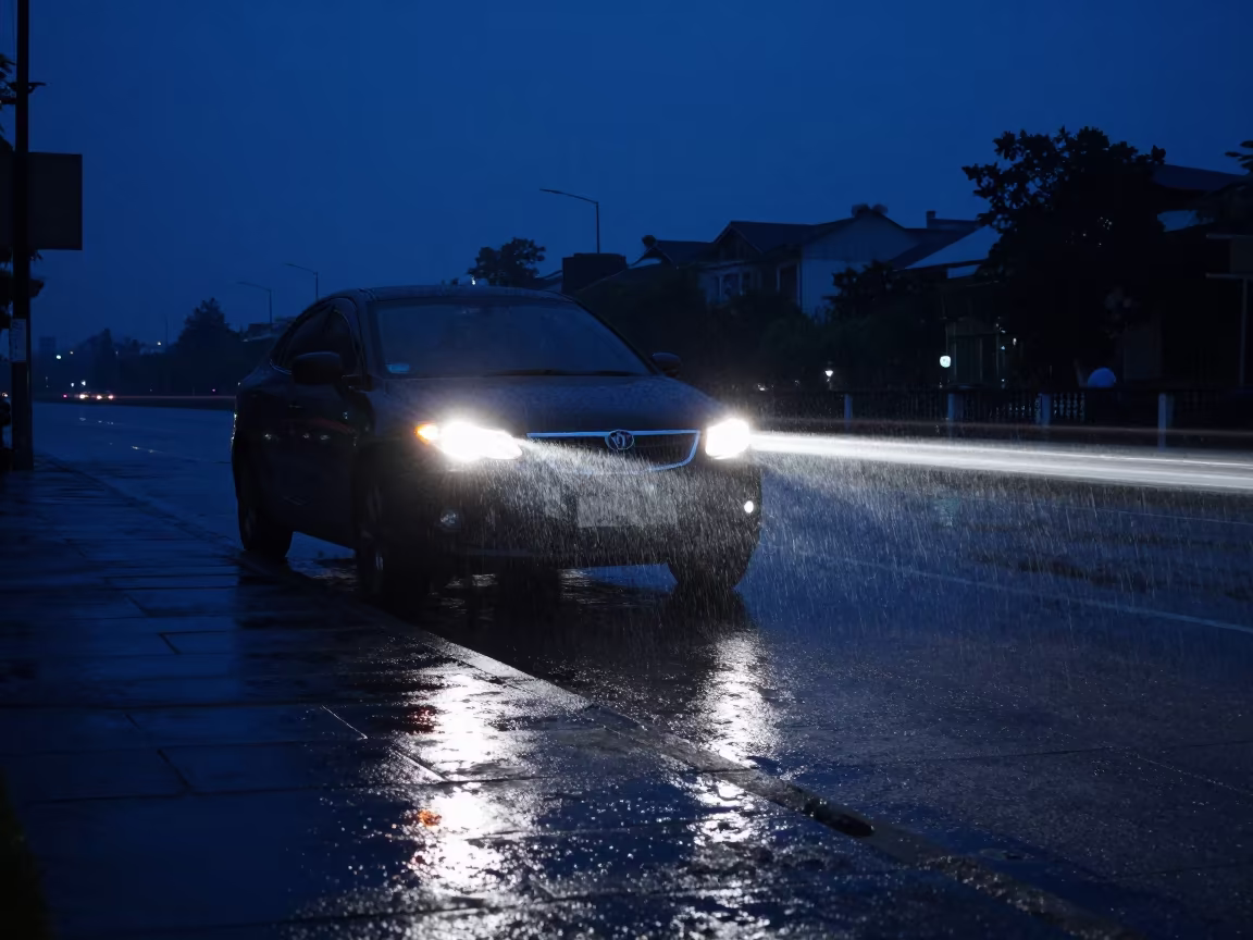 Blue Midnight Headlight Trail Wet Stone Shadows in under a band of cold starlight near Long Bien, Hanoi