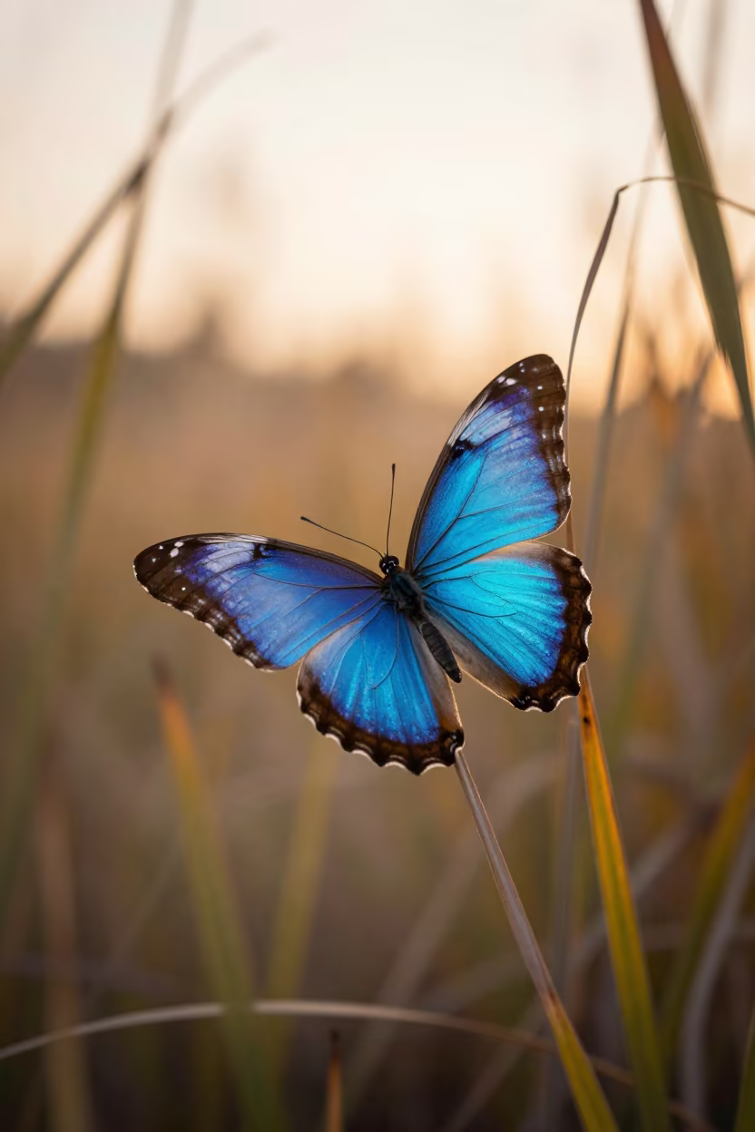 Blue Morpho Butterfly Flight Over Foggy Reed Bed in at the edge of a reed bed in Quebec