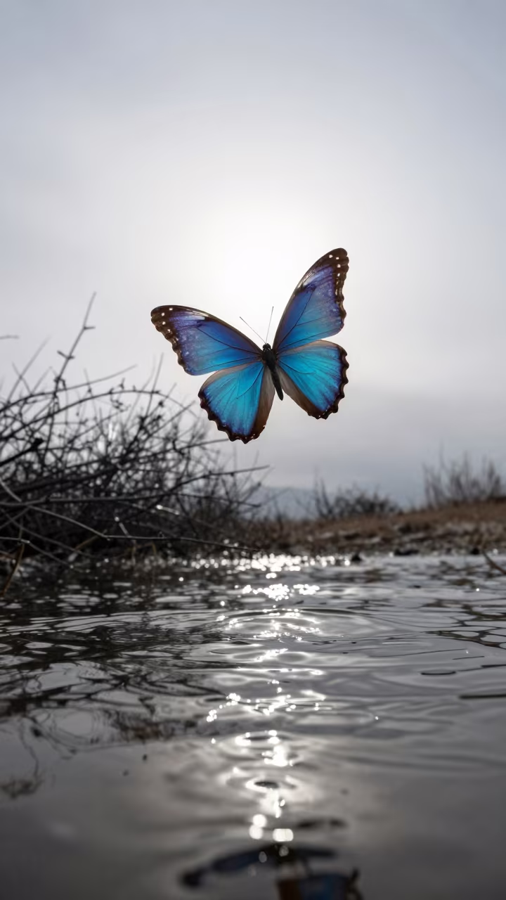 Blue Morpho Butterfly Mid Flight Over Water in near Kunduz