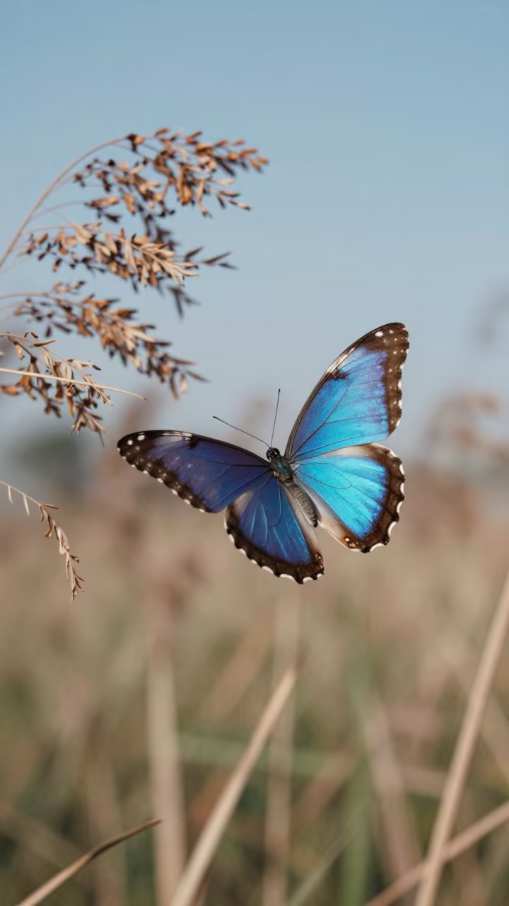 Blue Morpho Butterfly in Flight Near Shanghai Reed Bed in at the edge of a reed bed near French Concession, Shanghai