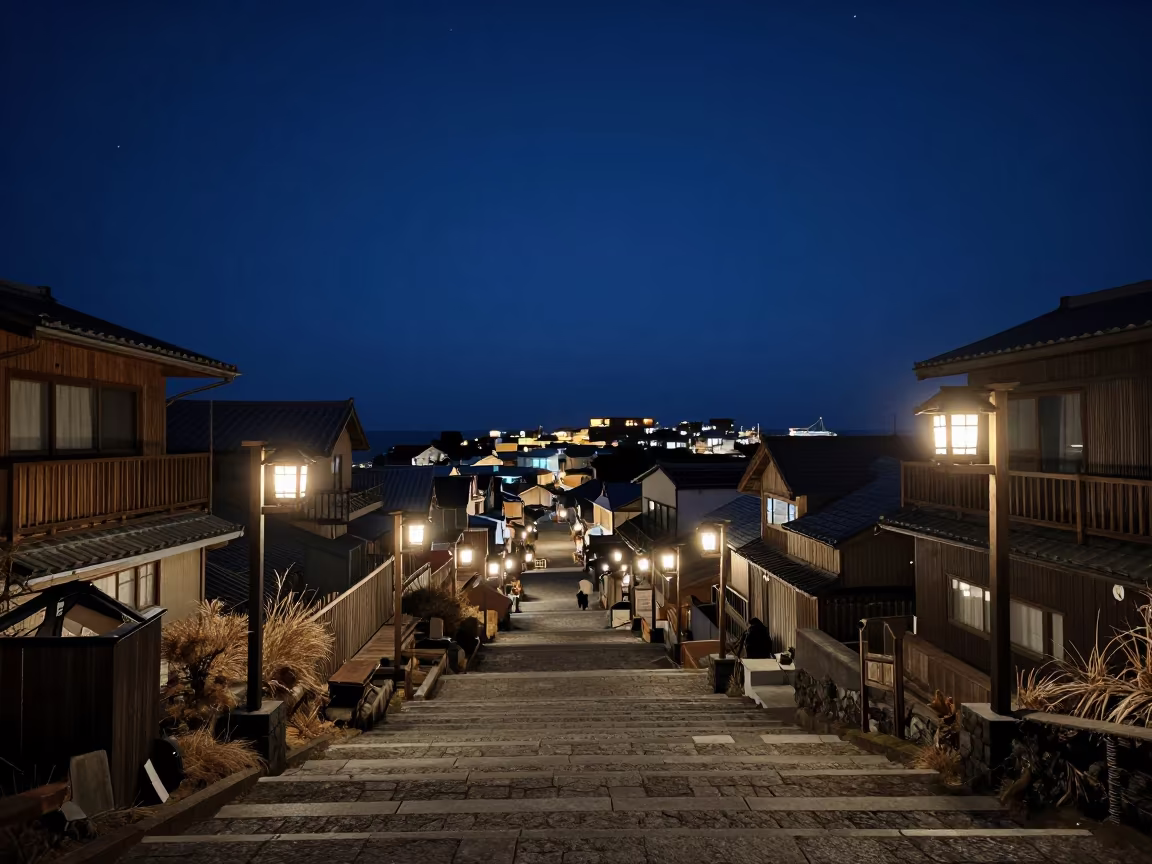 Blue Night Sky Over Seiyun Harbor Staircase in beside a lantern-dotted harbor near Seiyun