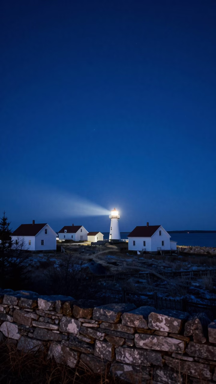 Blue Night Sky Over Nova Scotia Village Mist in beneath a dark-sky overlook in Nova Scotia