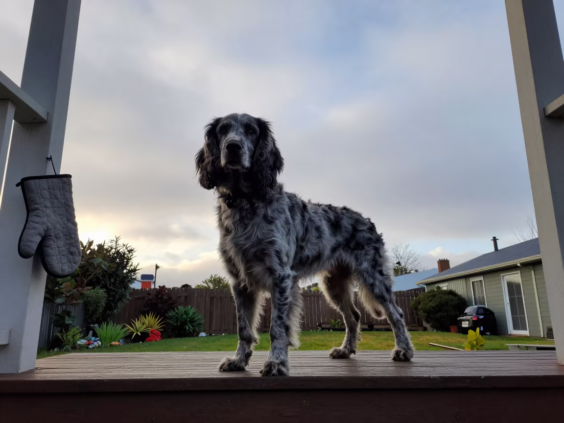 Blue Picardy Spaniel on Dawn Porch Edge in near a garden edge with soft morning light and an uncluttered background near Montevideo