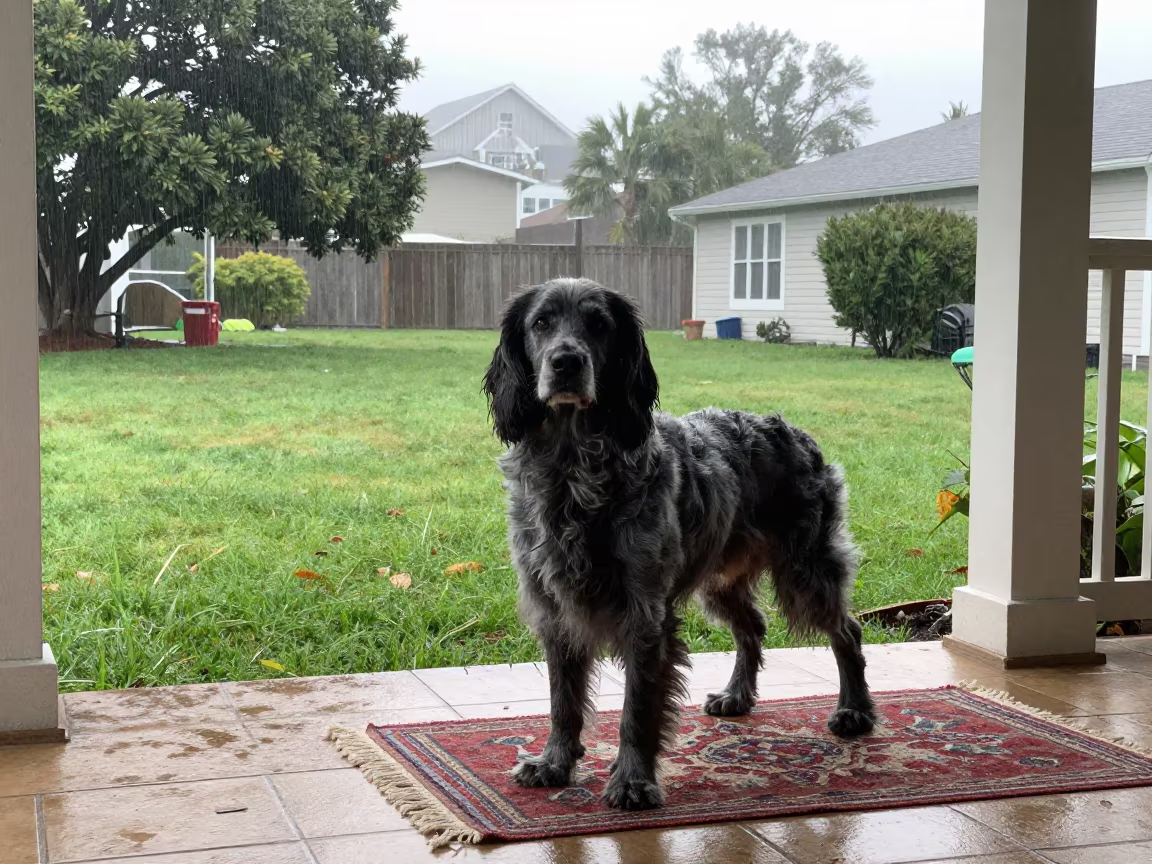 Blue Picardy Spaniel on Shaded Porch in Bangalore in in a small yard with clipped grass, calm light, and the animal centered in frame in Bangalore
