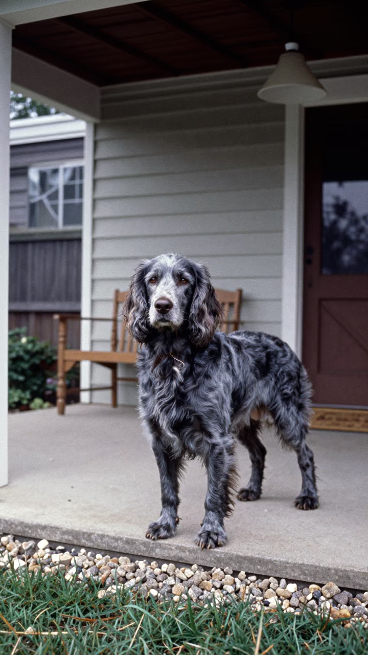 Blue Picardy Spaniel on Shaded Porch with Clipped Grass in in a small yard with clipped grass, calm light, and the animal centered in frame near Samara