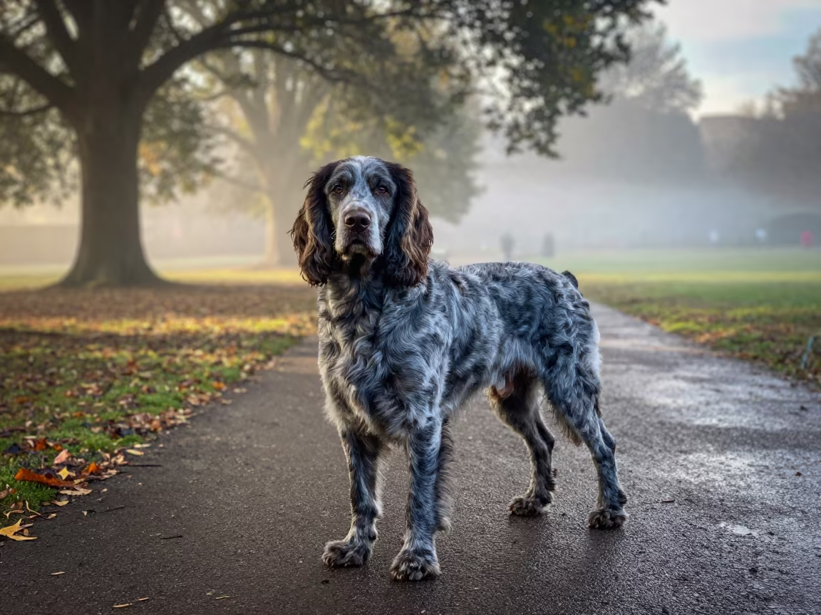 Blue Picardy Spaniel Portrait in Autumn Park Light in along a quiet park path with soft open shade and a clean background near Victoria