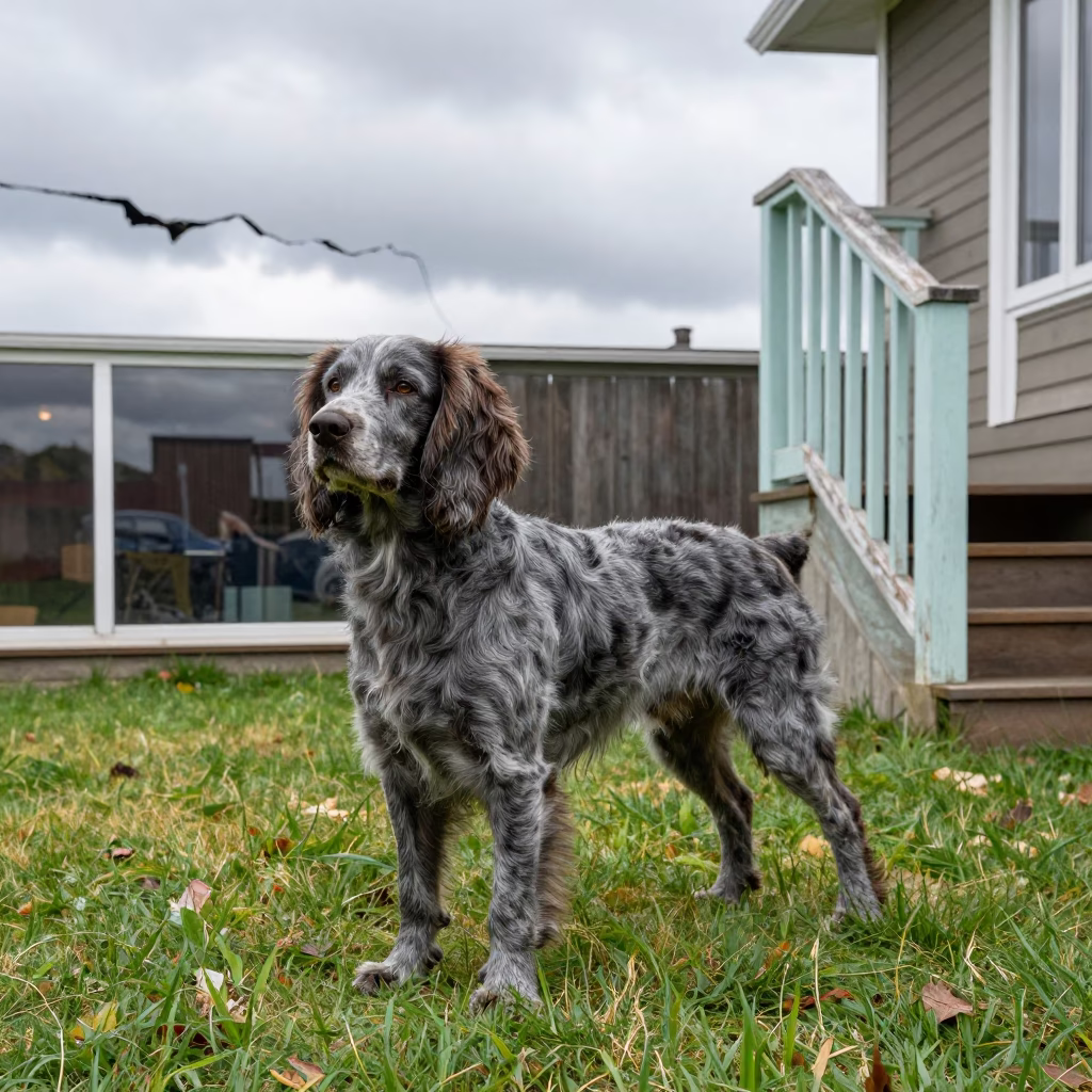 Blue Picardy Spaniel Portrait in Hama Yard in in a small yard with clipped grass, calm light, and the animal centered in frame near Hama