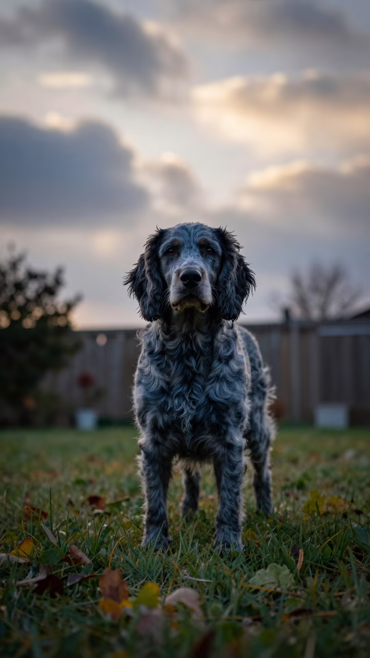 Blue Picardy Spaniel Portrait in Maceio Evening Light in in a small yard with clipped grass, calm light, and the animal centered in frame near Maceio
