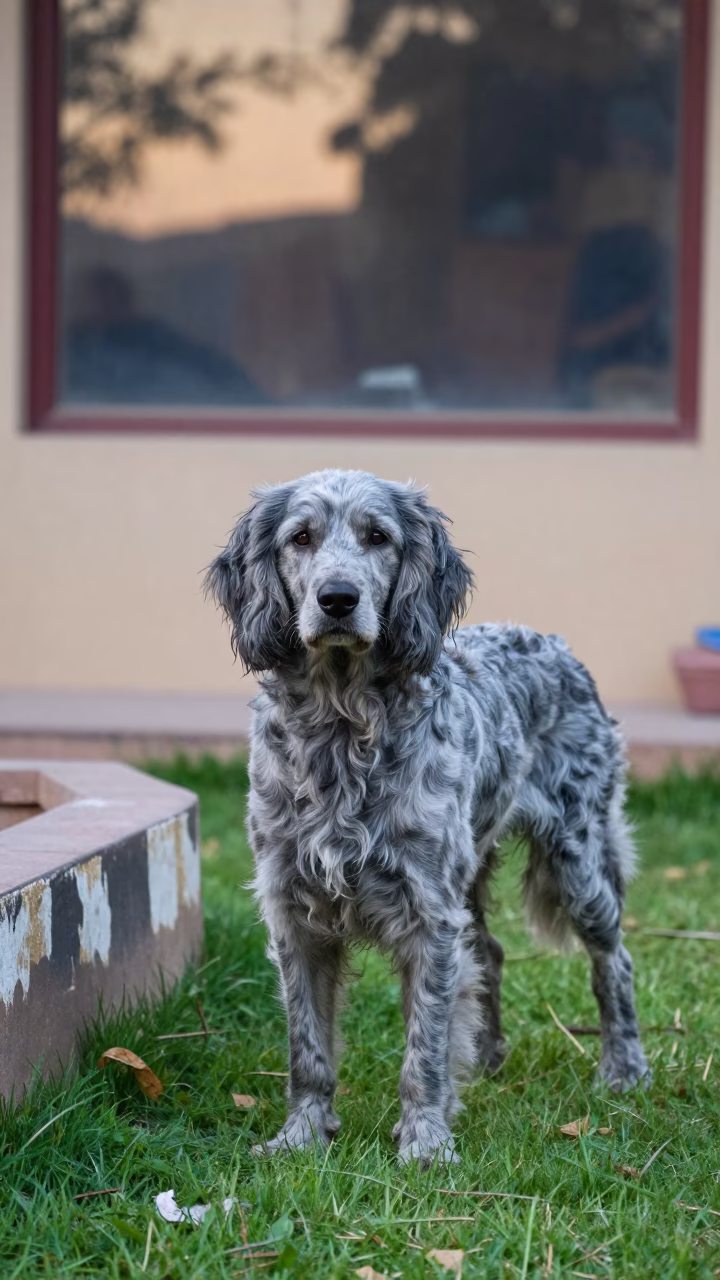Blue Picardy Spaniel Portrait in Pushkar Yard in in a small yard with clipped grass, calm light, and the animal centered in frame in Pushkar