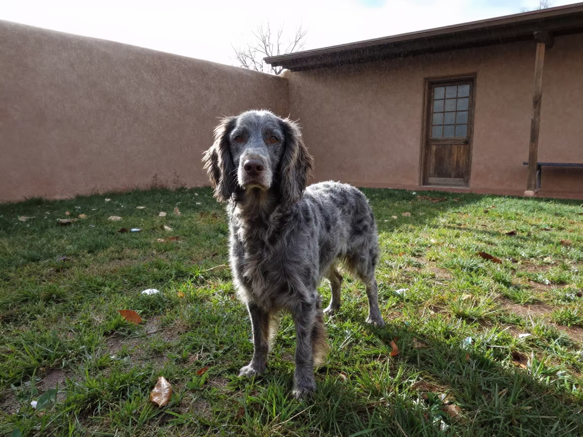 Blue Picardy Spaniel Portrait in Santa Fe Yard in in a small yard with clipped grass, calm light, and the animal centered in frame in Santa Fe