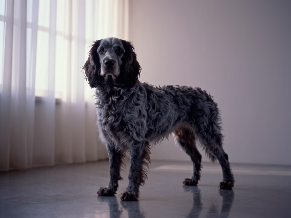 Blue Picardy Spaniel Portrait in Window Light in in a quiet portrait studio with a plain backdrop and eye-level framing near Rudny
