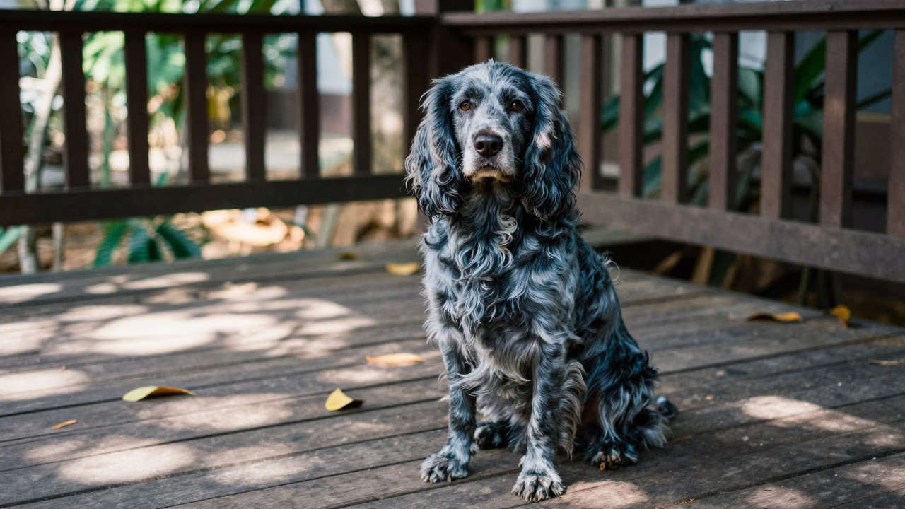 Blue Picardy Spaniel Portrait on Eluru Porch in on a shaded front porch with boards, railings, and eye-level framing near Eluru