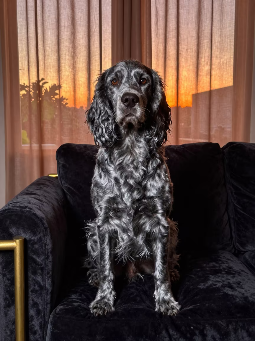 Blue Picardy Spaniel Portrait on Sofa in on a sofa near a curtained window with calm indoor light in Natal