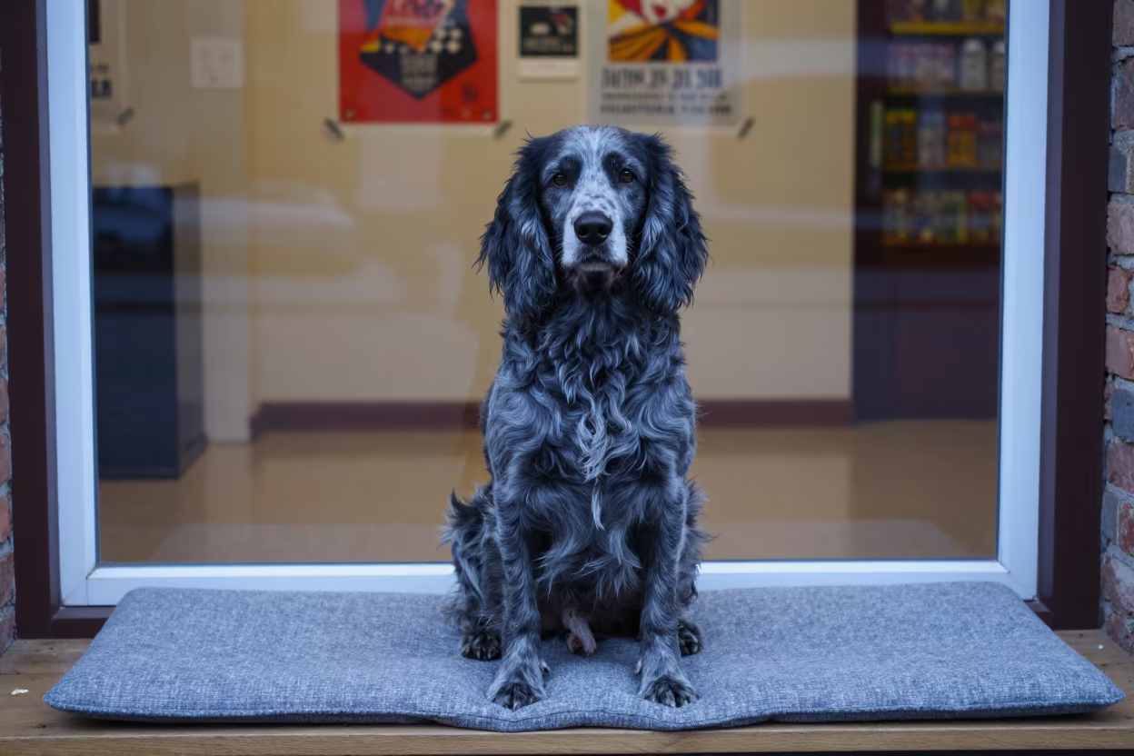 Blue Picardy Spaniel Portrait on Window Seat Guilin in on a cushioned window seat with soft side light and an uncluttered background in Guilin