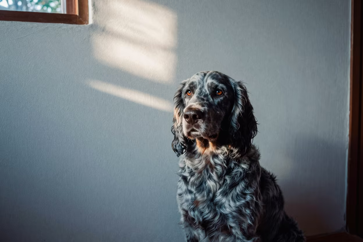 Blue Picardy Spaniel Portrait Zanzibar Morning in beside a plain plaster wall in soft indoor light with the animal centered in frame in Zanzibar