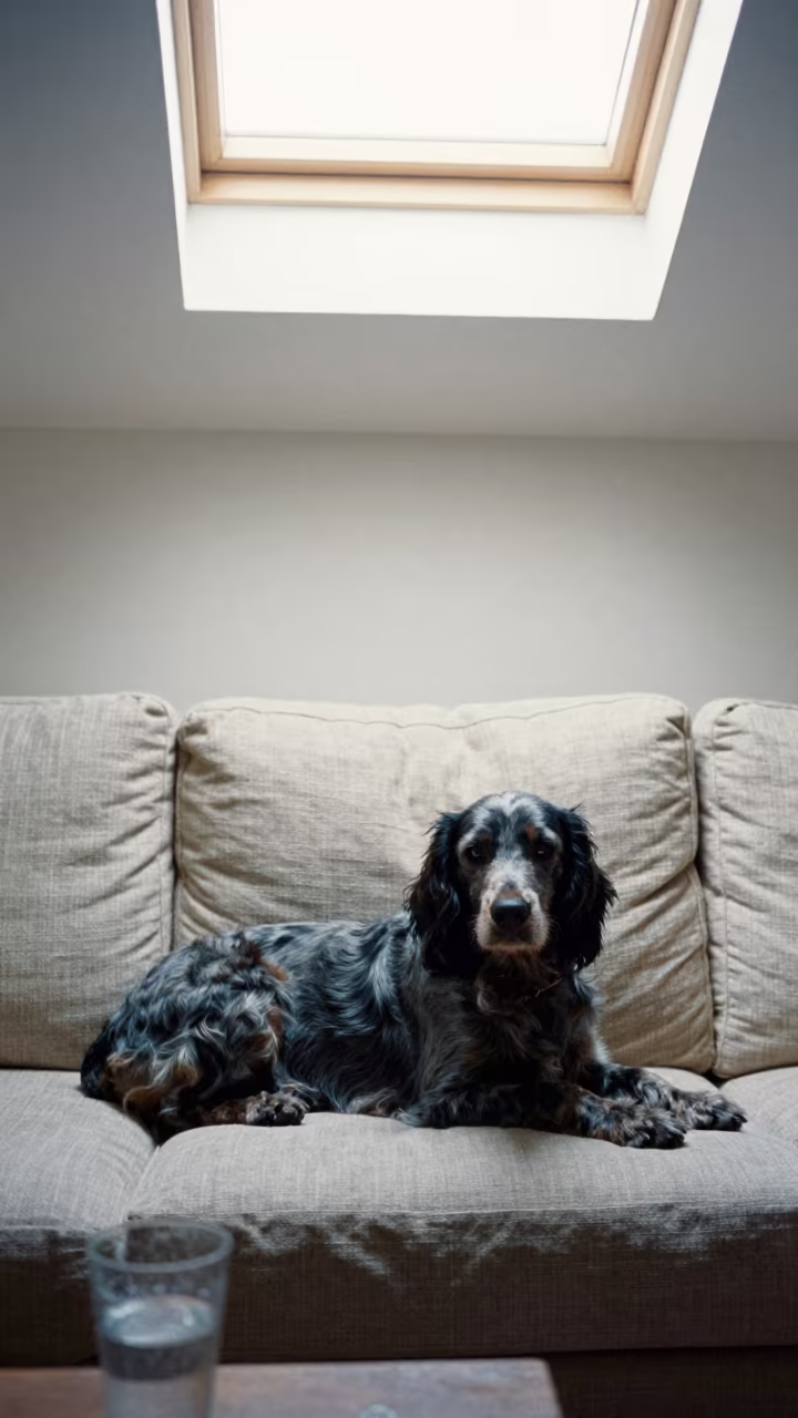 Blue Picardy Spaniel Resting on Linen Sofa in on a linen sofa with daylight from a nearby window in Kitale