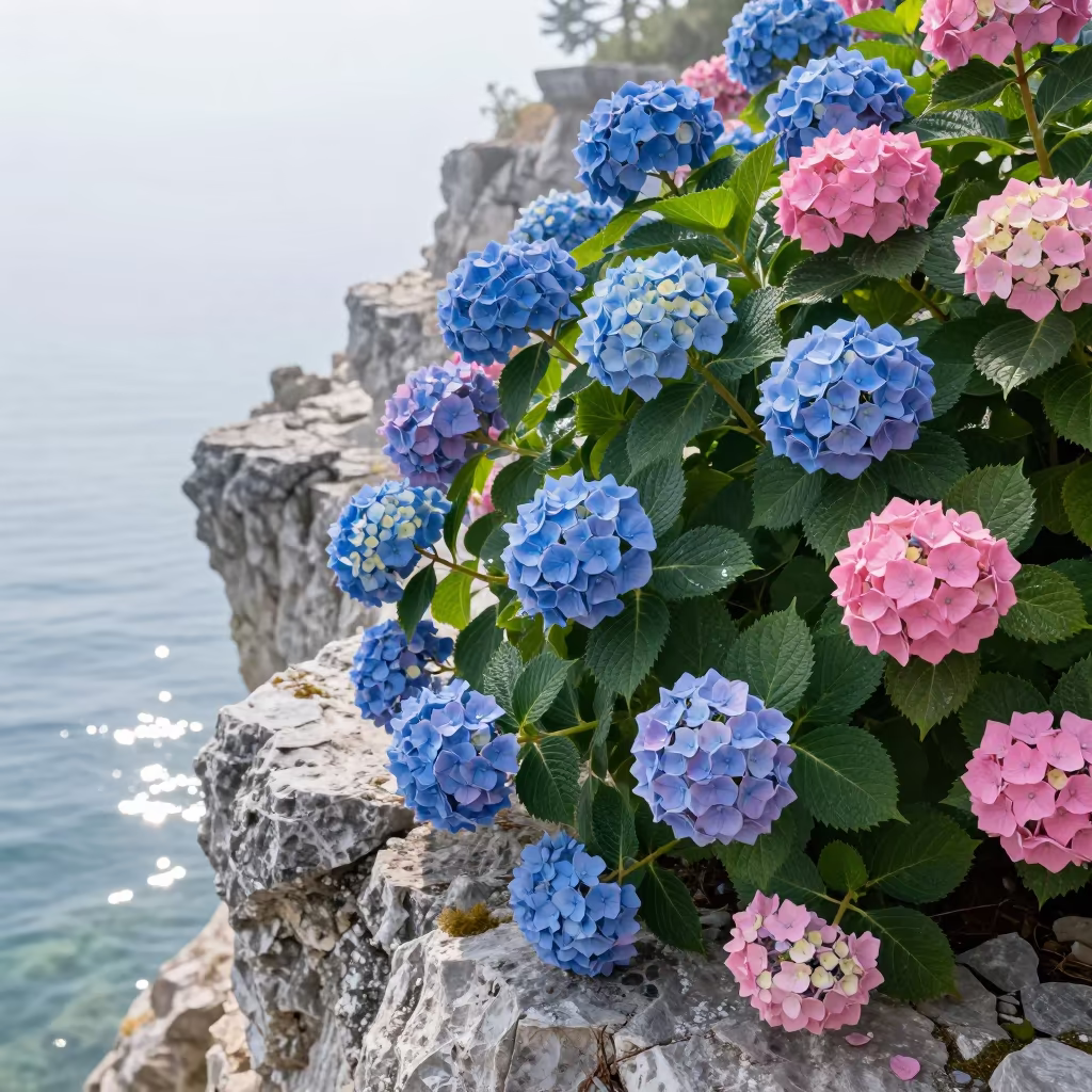 Blue to Pink Hydrangea Cliff Edge North Macedonia in along a salt-sprayed cliff edge in North Macedonia