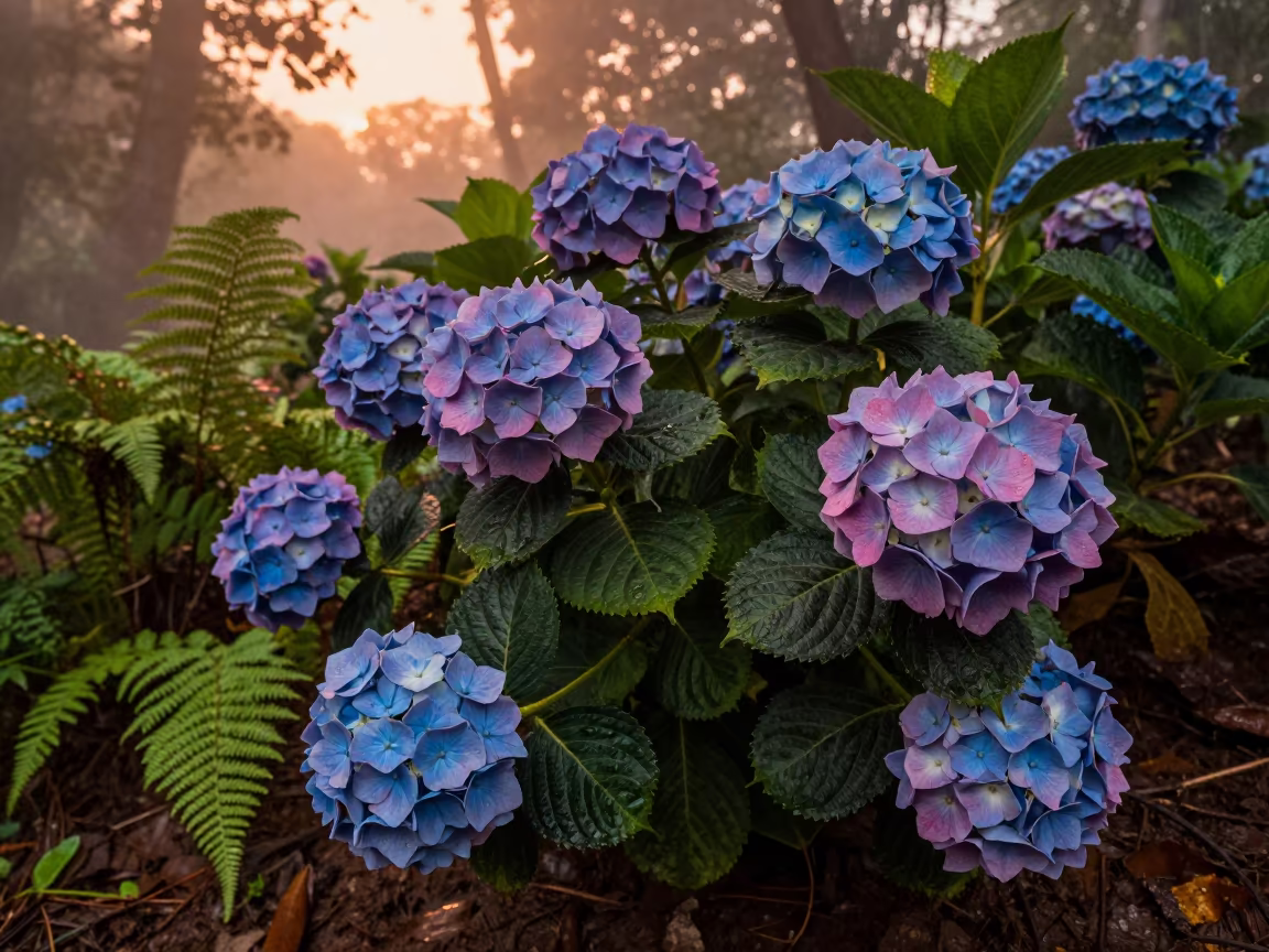 Blue and Pink Hydrangea in Monsoon Forest in on a fern-lined forest floor in Telangana