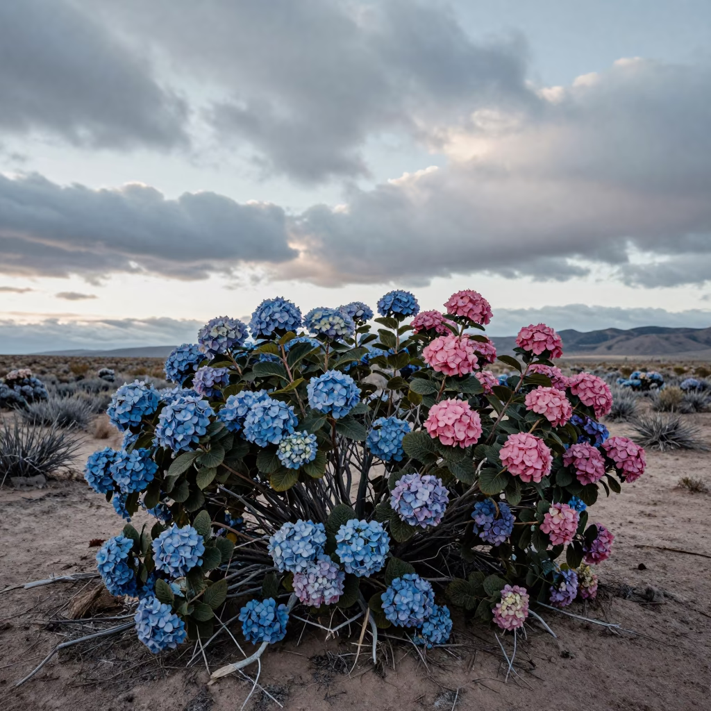 Blue and Pink Hydrangea in New Mexico Winter Dawn in in New Mexico