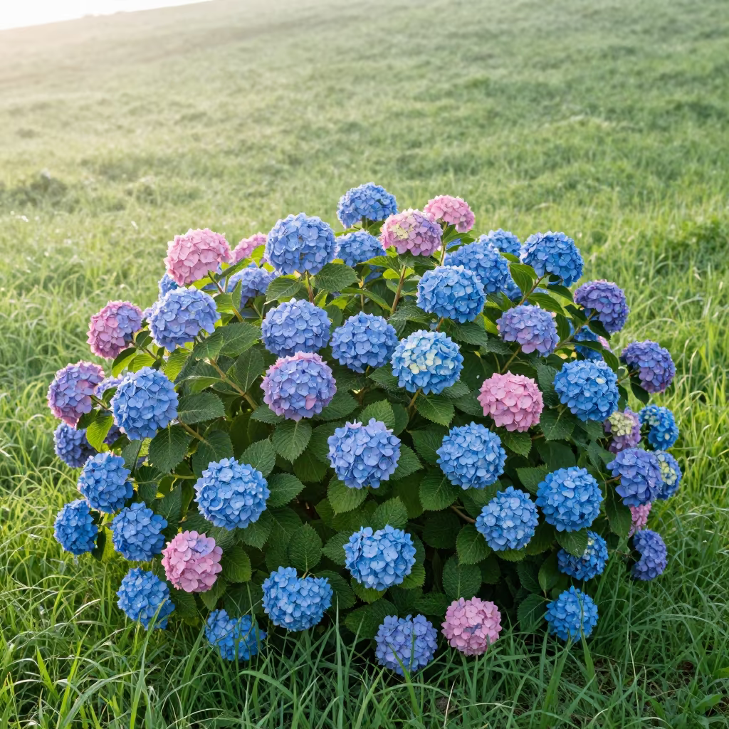 Blue Pink Hydrangea Bush with Snow in Shikoku in in a bloom-heavy meadow in Shikoku
