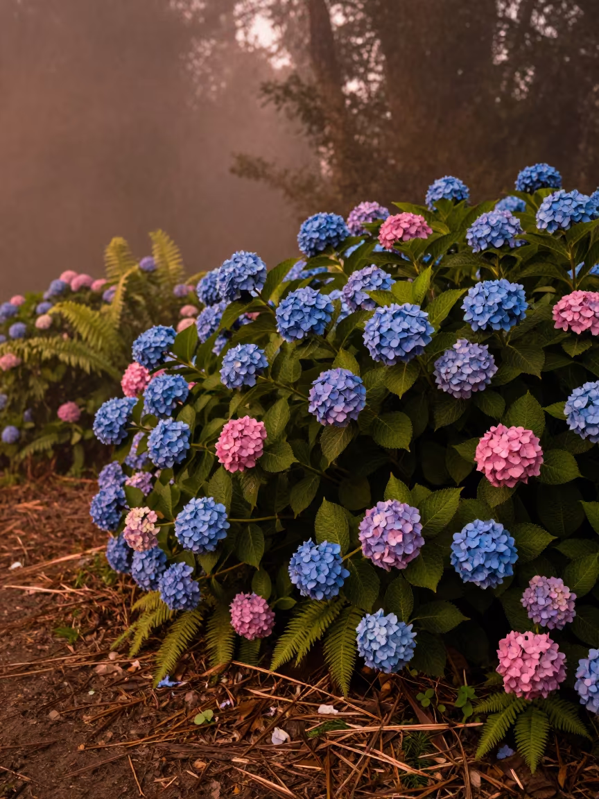 Blue and Pink Hydrangeas in Copper Light in on a fern-lined forest floor near Tijuana
