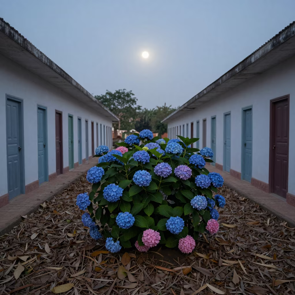 Blue Pink Hydrangeas Moonlit Corridor in among terraced garden plots in Myanmar