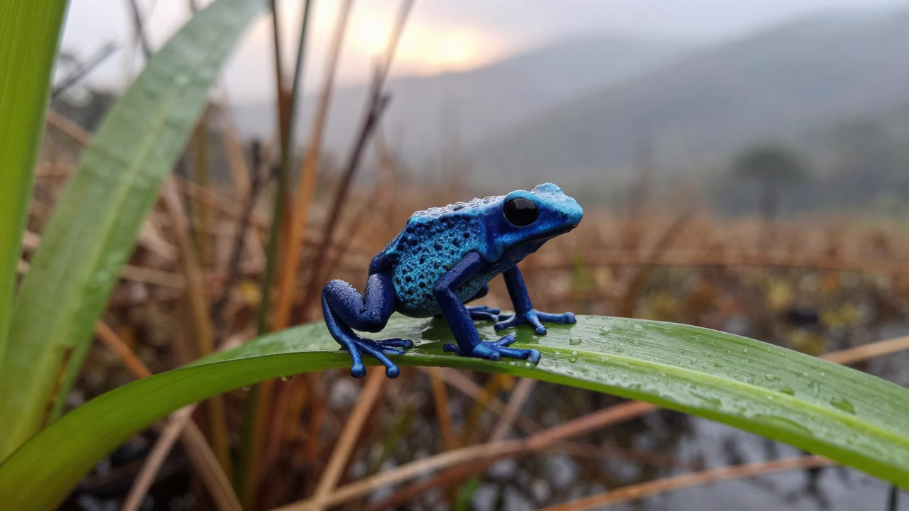 Blue Poison Dart Frog on Bromeliad in Rain in at the edge of a reed bed near Bogura