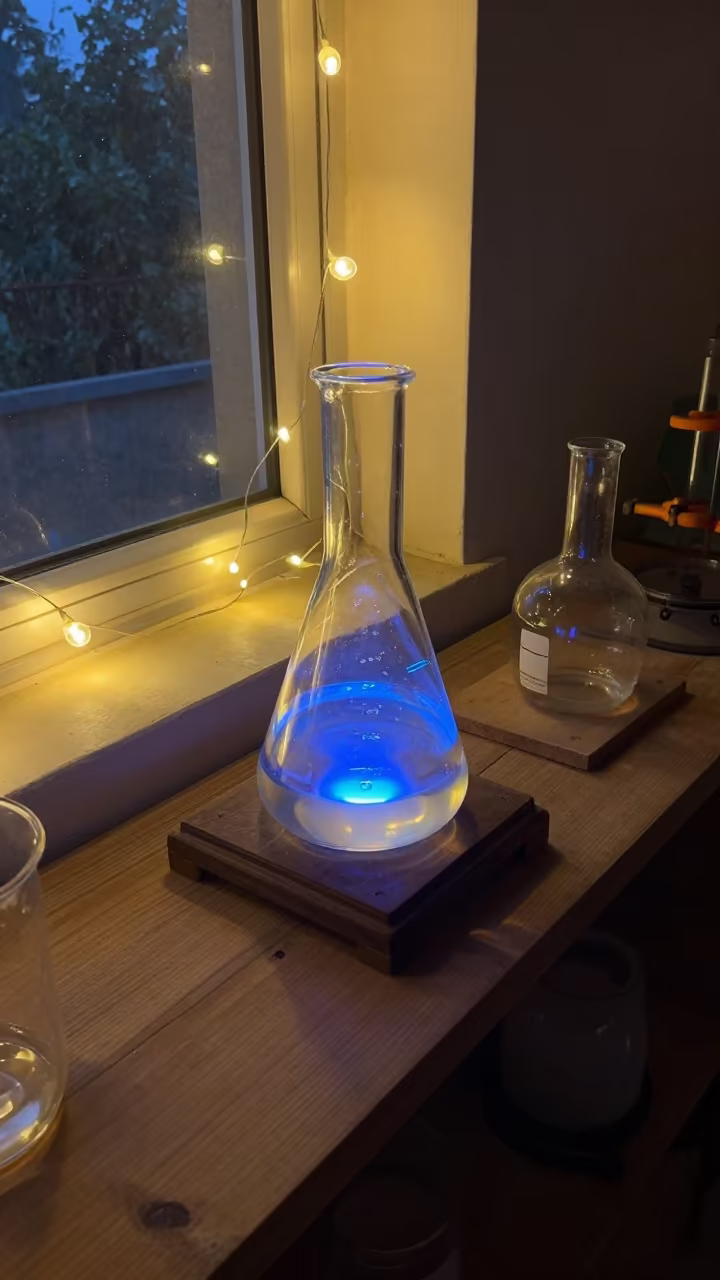 Blue Reaction Flask on Ludhiana Workshop Shelf in on a workshop shelf in Ludhiana