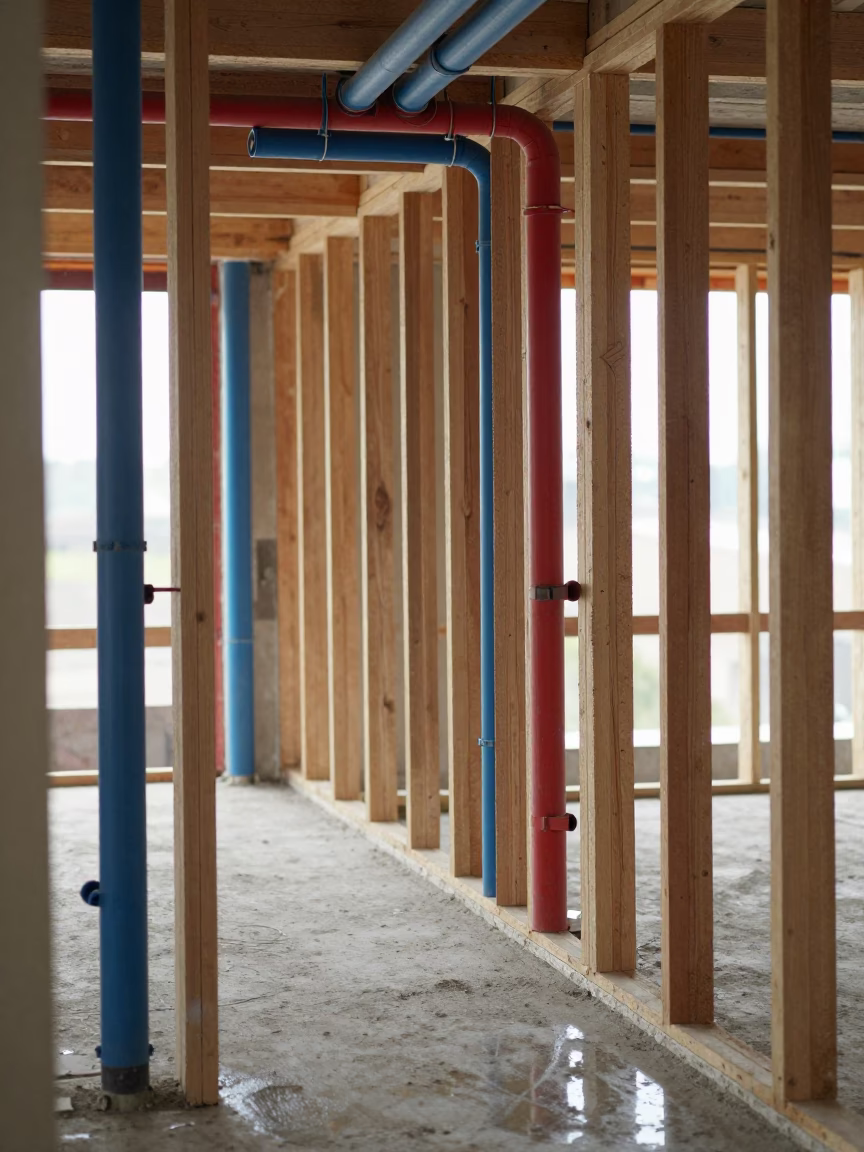 Blue Red Plumbing Lines Wall Rough-In in in a renovation zone under temporary light in Libertad