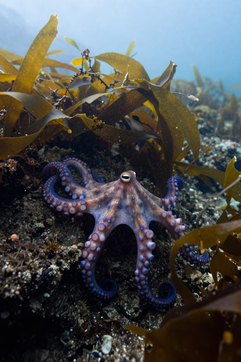 Blue-ringed Octopus Among Kelp in Fukuoka in through kelp fronds beside a rocky shelf near Fukuoka