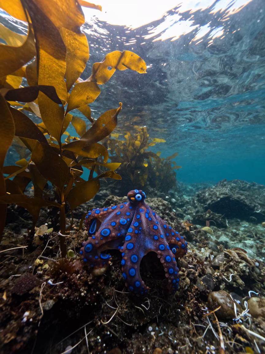 Blue-ringed Octopus in Monsoon Tide Pool Near Mumbai in through kelp fronds beside a rocky shelf near Bandra, Mumbai