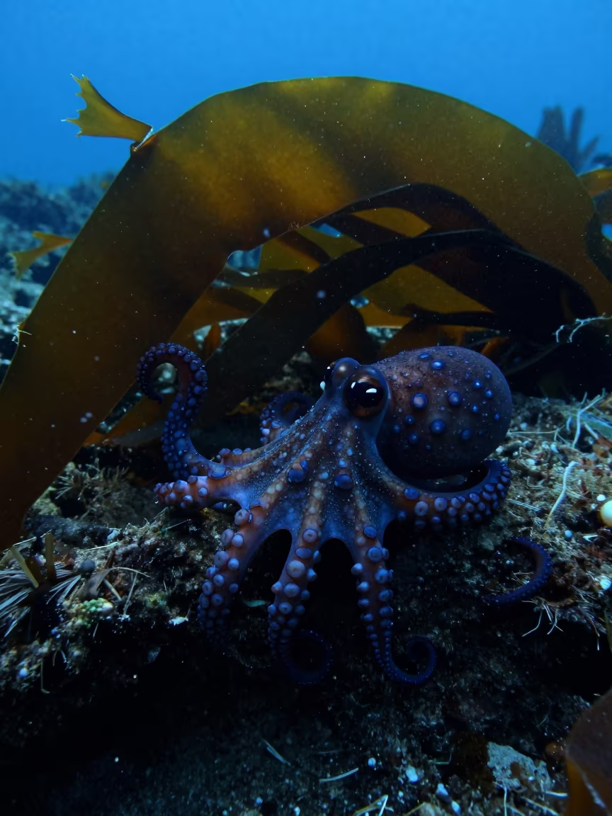 Blue-ringed Octopus in Spanish Tide Pool in through kelp fronds beside a rocky shelf in Spain