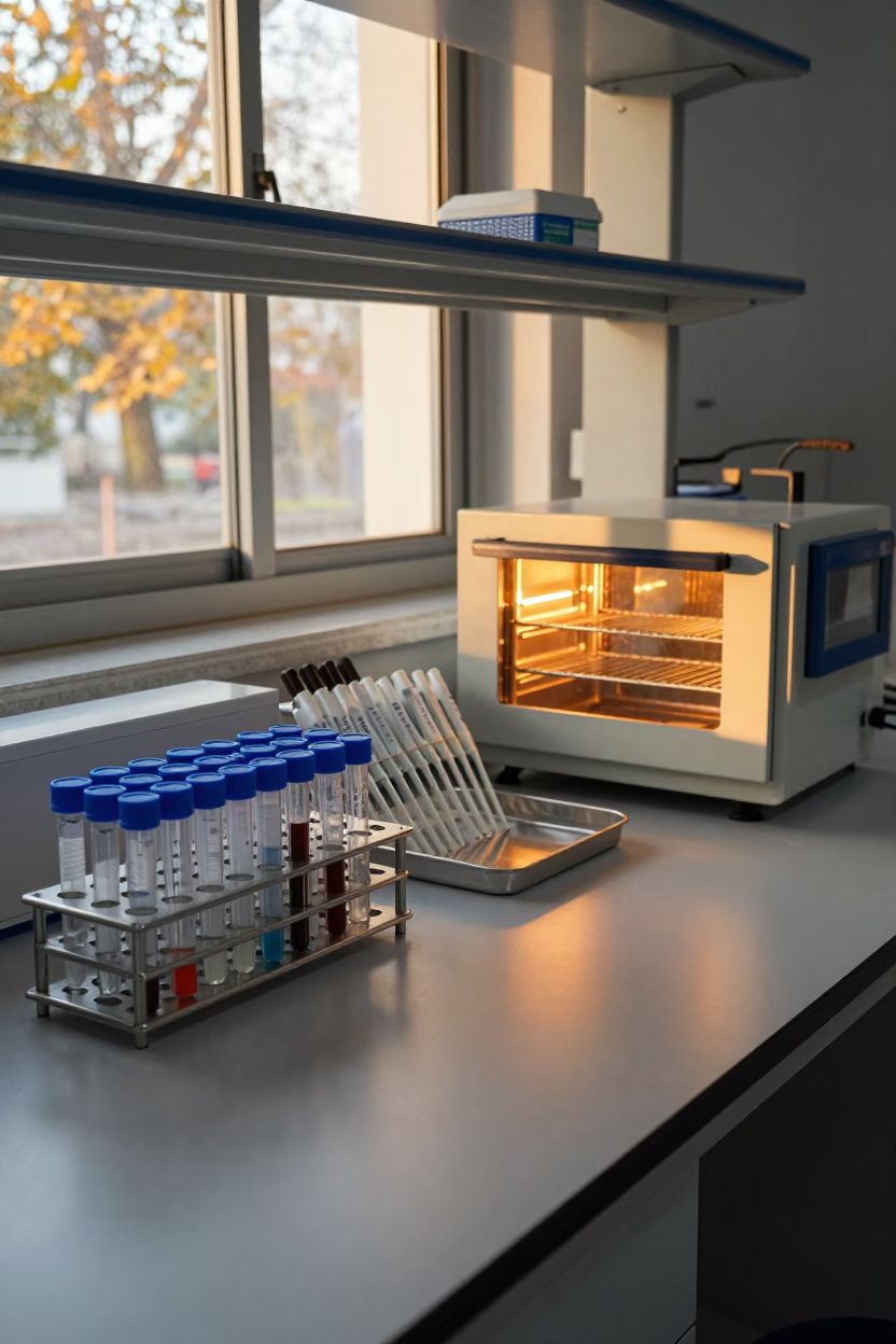 Blue Sample Tubes and Pipettes in Burewala Lab in inside a university research lab in Burewala