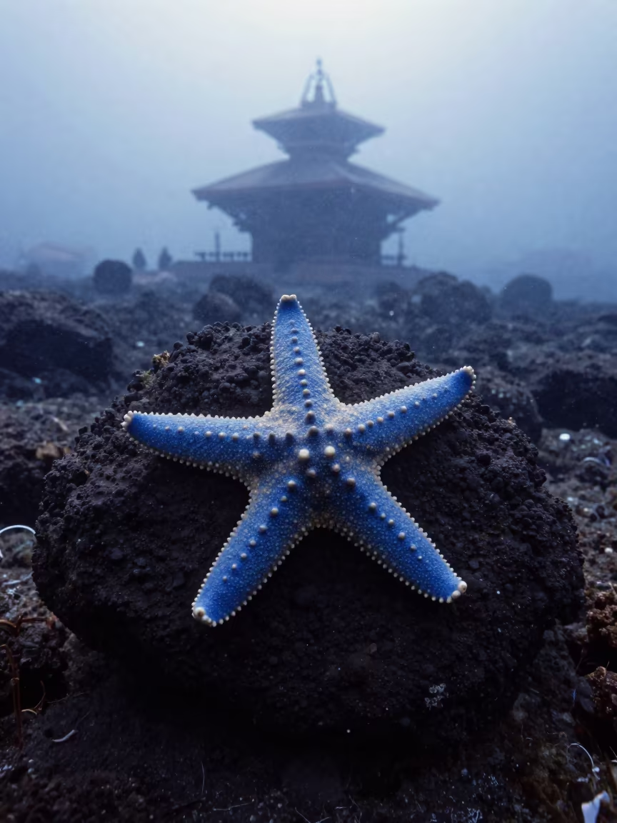 Blue Sea Star on Volcanic Rock Underwater in above a rock shelf in clear water near Durbar Square, Kathmandu