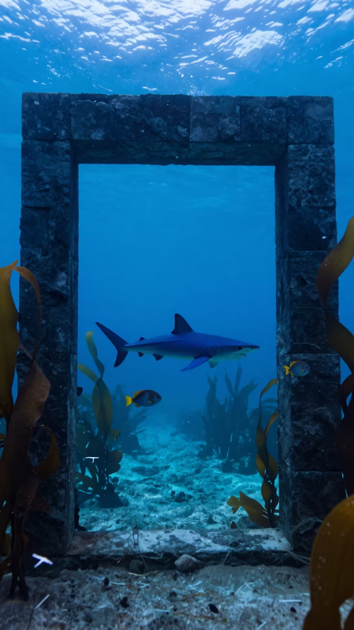 Blue Shark Silhouette Through Kelp Doorway in through a forest of kelp fronds near Havana