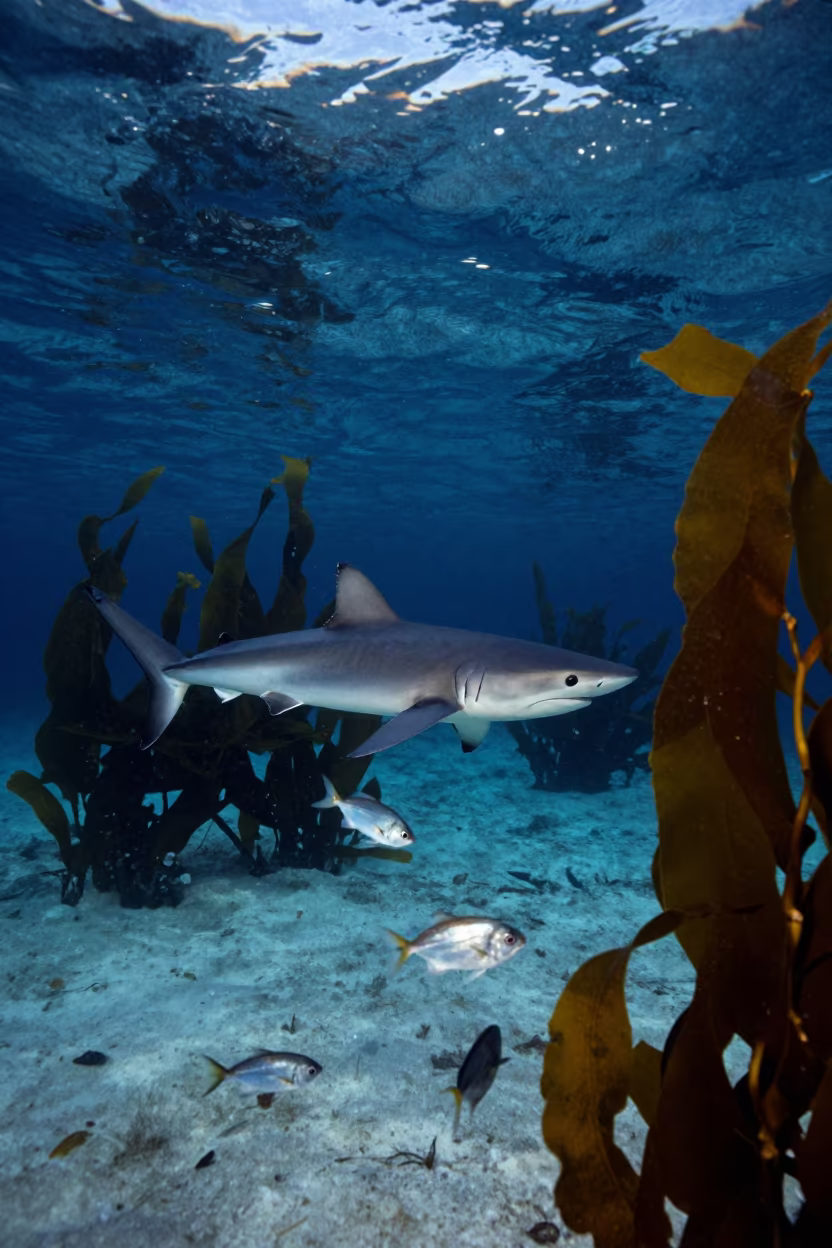 Blue Shark and Pilot Fish in Cape Town Kelp in along a kelp-fringed shelf near Green Point, Cape Town