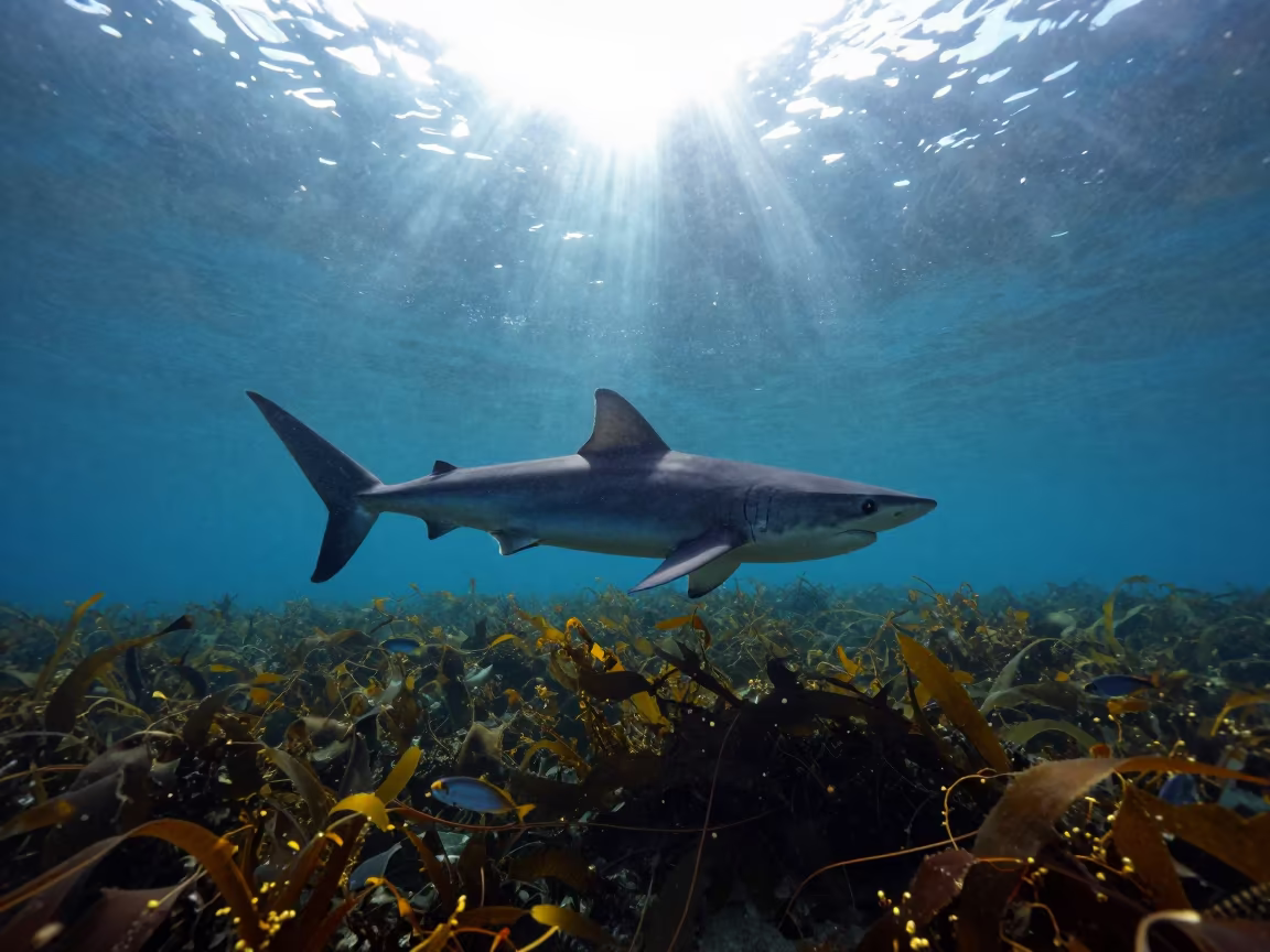 Silhouetted Blue Shark with Pilot Fish in Italian Waters in along a kelp-fringed shelf in Italy