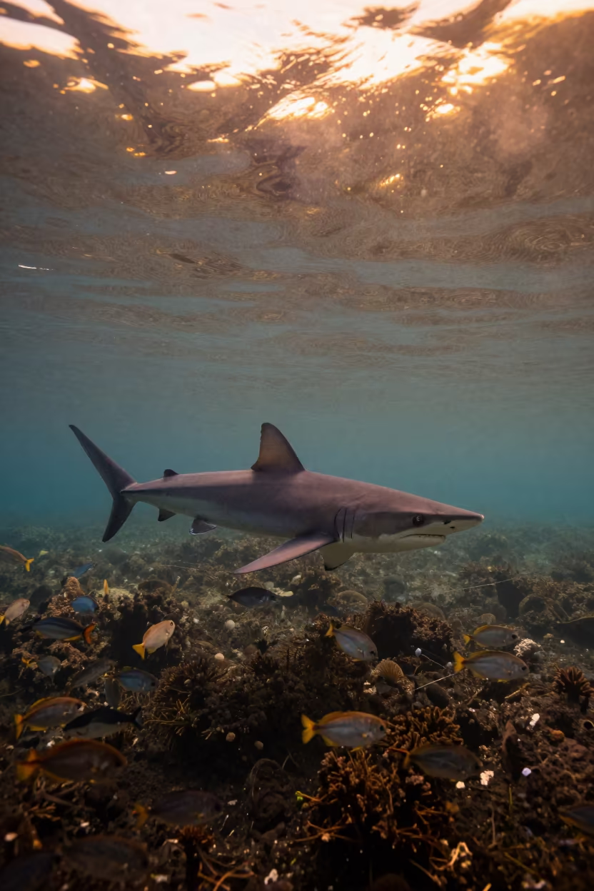 Blue Shark and Pilot Fish in Sardinian Waters in beside a volcanic drop-off in Sardinia