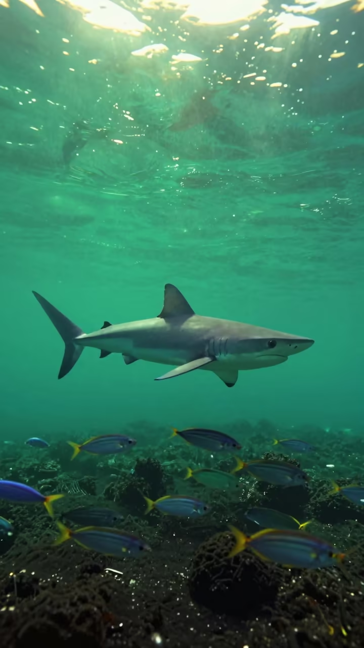 Blue Shark and Pilot Fish Near Sydney Volcanic Drop in beside a volcanic drop-off near Sydney