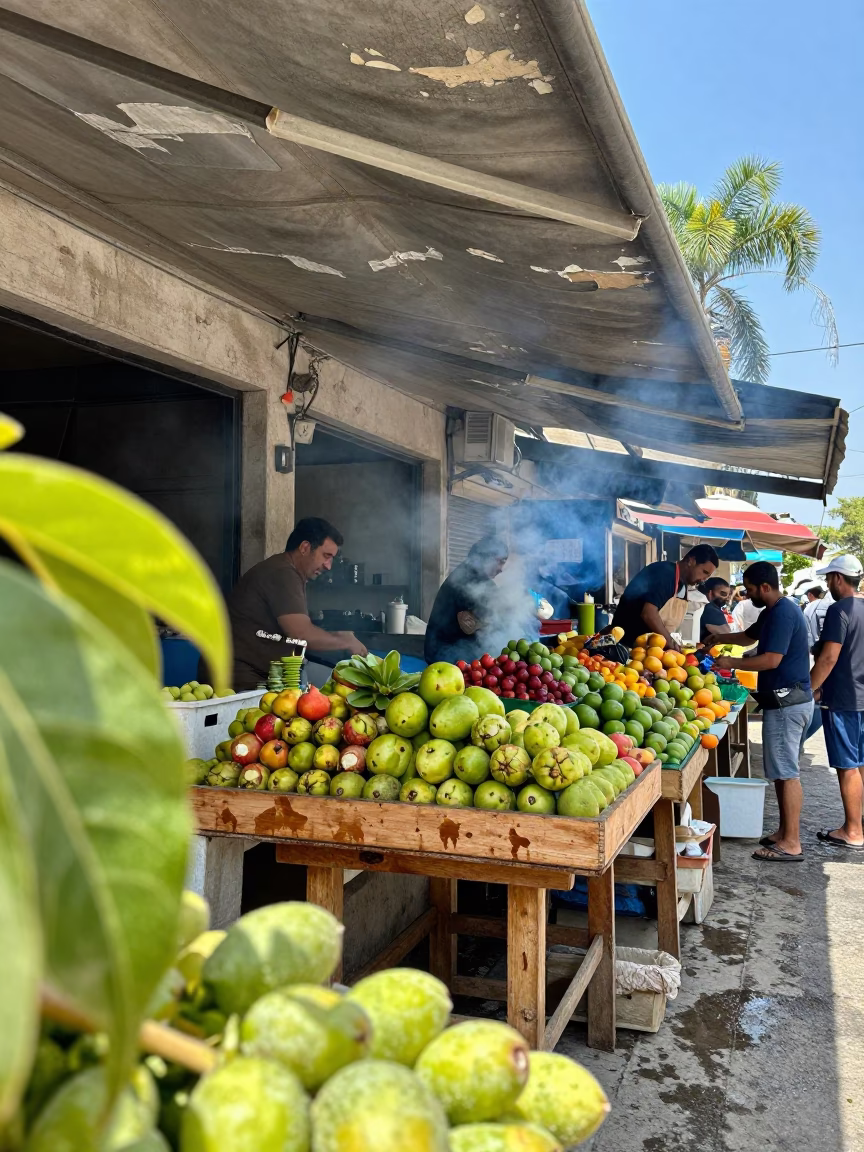 Blue Smoke and Patched Fabric at Kayseri Market in at a roadside fruit stand in Kayseri