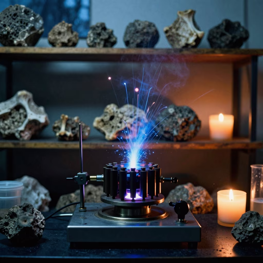 Blue Sparks Fly in Fossil Lab in in a fossil prep lab in Punto Fijo