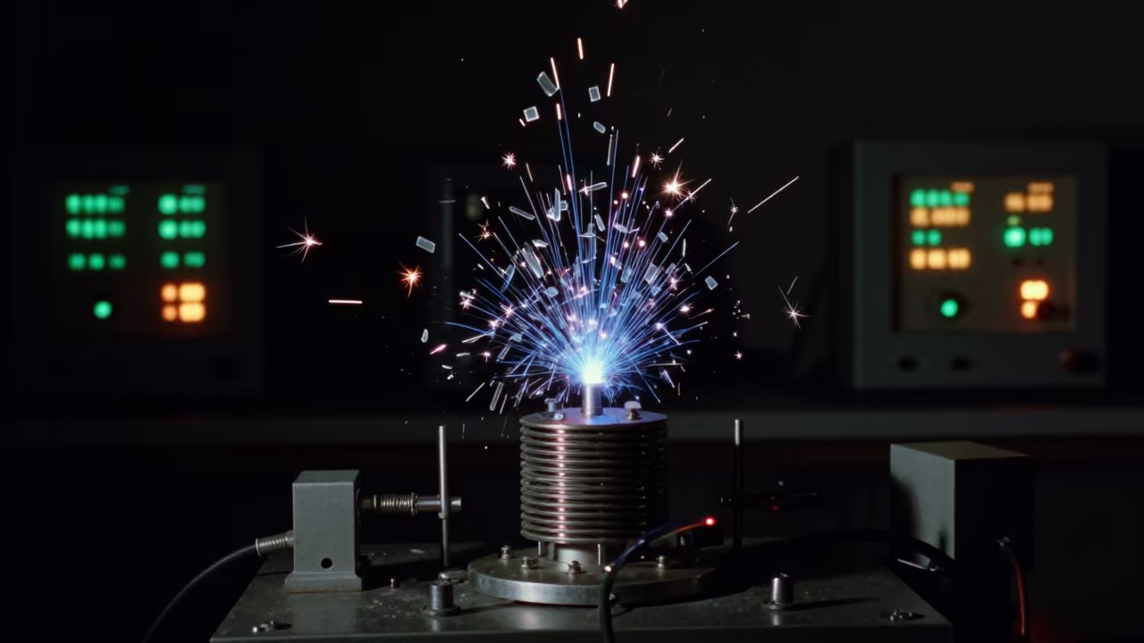 Blue Sparks Mid-Fall in Zhangjiajie Physics Lab in inside a university research lab in Zhangjiajie