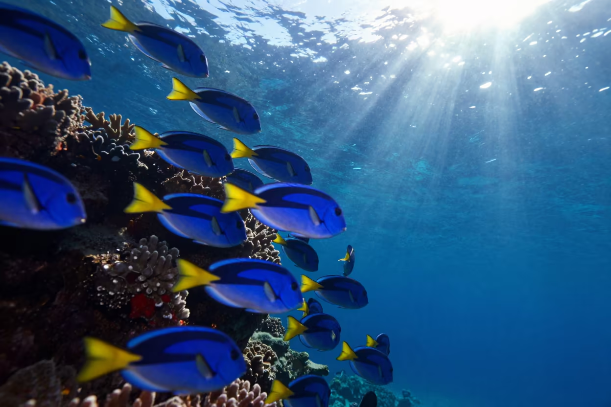 Blue Tang School Along Coral Reef at Dawn in along a coral wall with blue water beyond near Cairns
