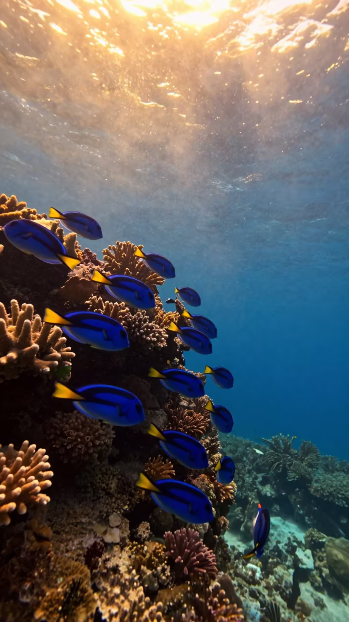 Blue Tang School Golden Hour Stone Town Reef in along a coral wall with blue water beyond near Stone Town