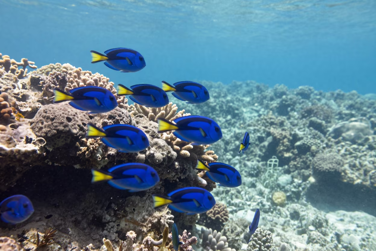 Blue Tang School Reef Ledge Close-up in beneath a reef ledge in tropical shallows near Stone Town