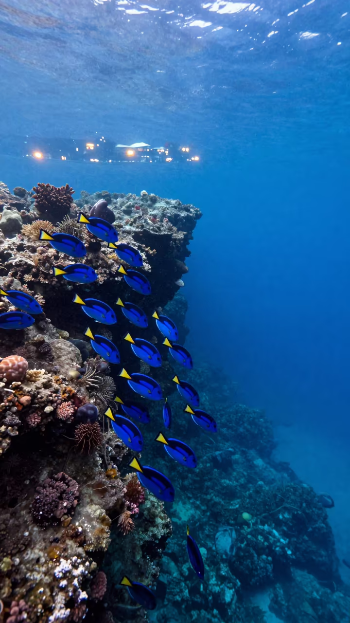 Blue Tang School Streaming Along Reef Edge in beside a volcanic reef overhang near Stone Town