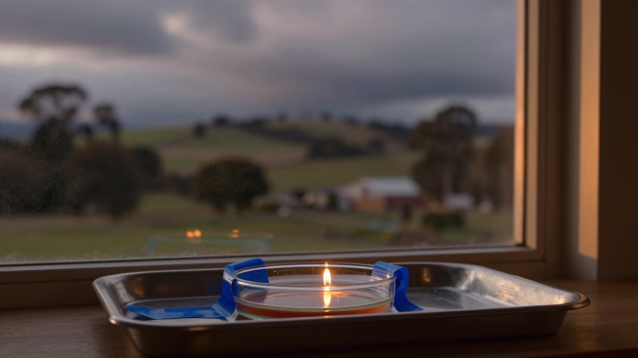 Blue Taped Petri Dish in Firelight in in Ballarat